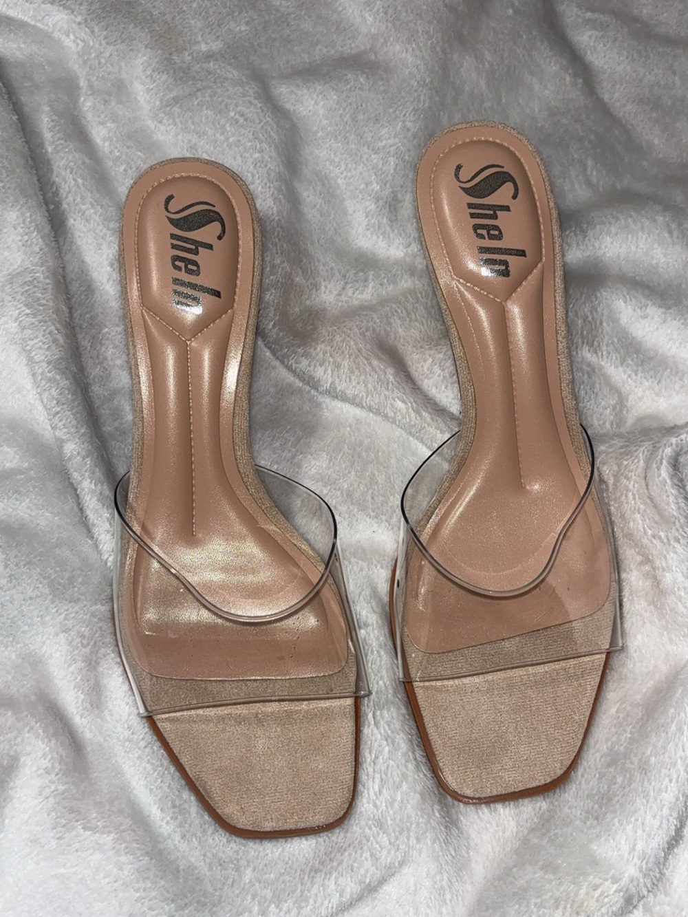 SHEIN Nude Clear Strap Square Toe Slide Heels